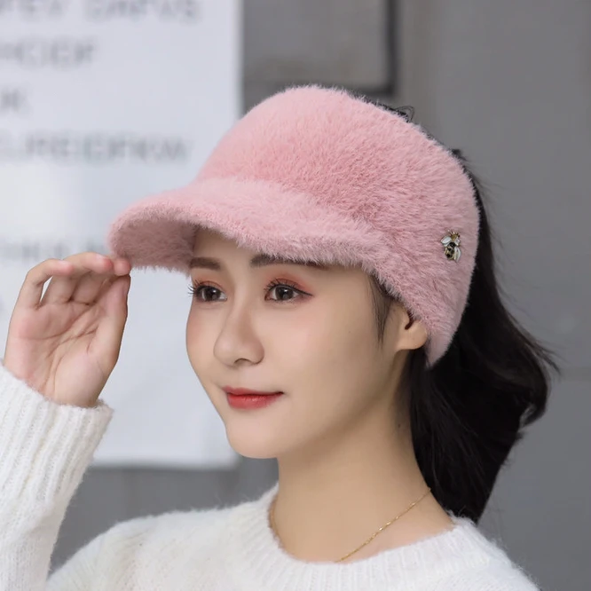 EmptyTop Spring Autumn  Hat sweet Imitation Mink Knitted Outdoor Running Cap Girl College Sunscreen Bee Students Yellow