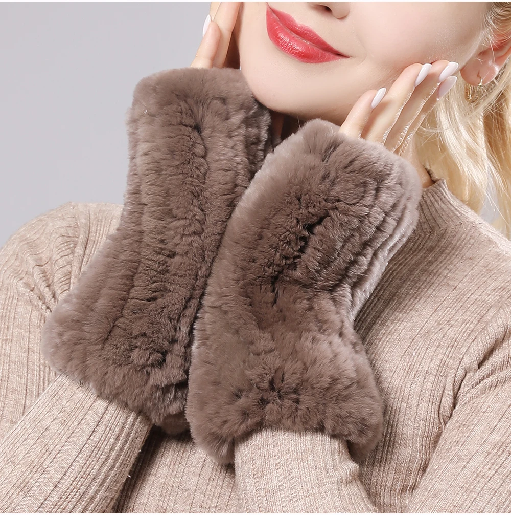 New Women 100% Real Genuine Knitted Rex Rabbit Fur Mittens Winter Warm Lady Real Fur Fingerless Gloves Handmade Knit Fur Mitten