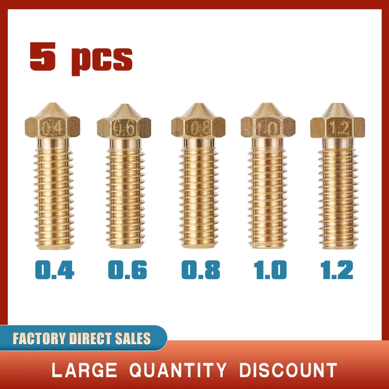 

5PCS Volcano Nozzle 3D Printer Brass M6 Extruder Nozzle 0.4/0.6/0.8/1.0/1.2mm 3D Printer Parts For 1.75mm Filament