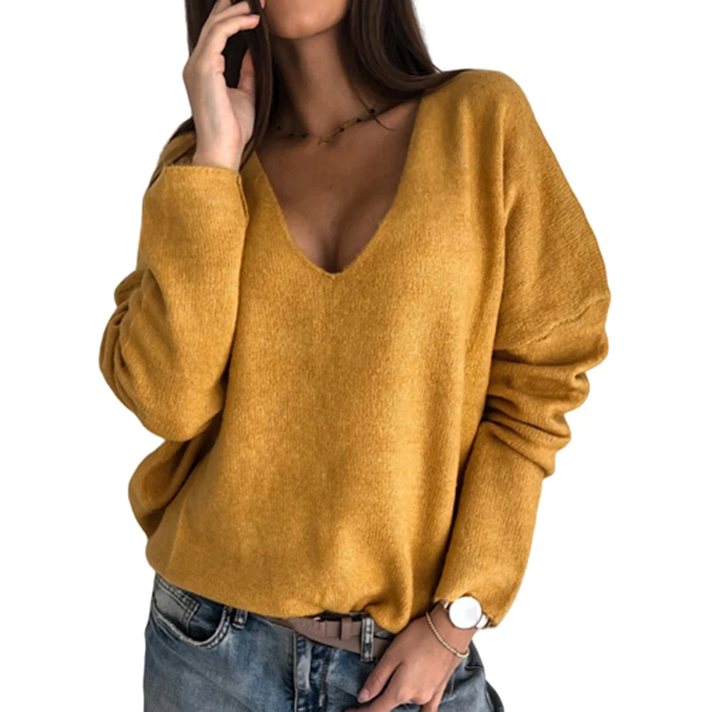 Women Autumn Loose Solid Color V Neck Long Sleeve Plush Pullover Sweater Top