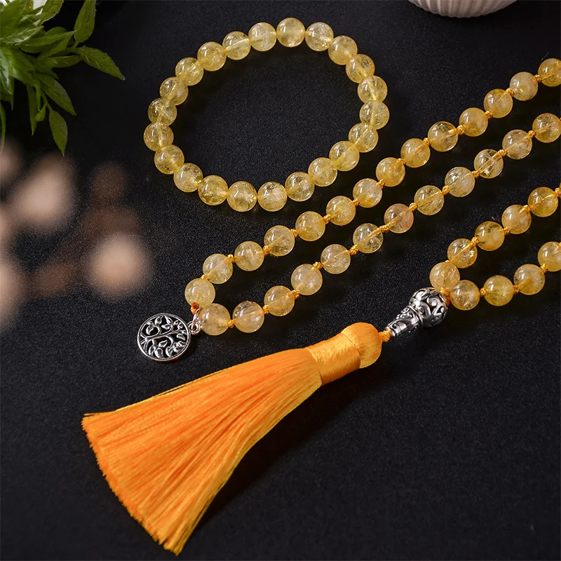 8mm Natural Citrine Beaded Knotted Mala Necklace Meditation Yoga Blessing Healing Jewelry Bracelet Set 108 Rosary Tassel Pendant