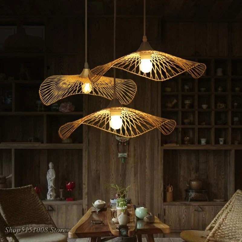 bambu japones luzes pingente arte criativa lampada pingente de chapeu de palha restaurante loja de roupas disco voador suspensao luminaria 01