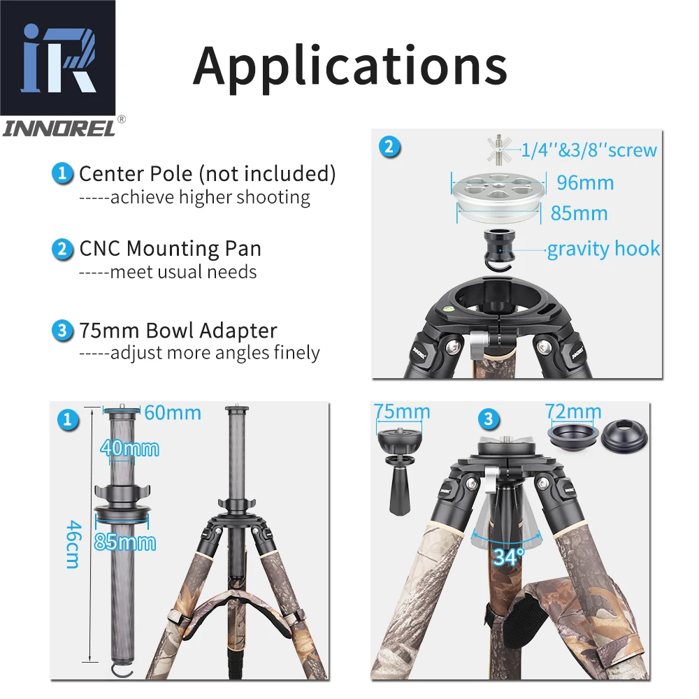 RT90CM Camouflage Professional Carbon Fiber Tripod Birdwatching Heavy Duty Camera Stand Stable with 75mm Bowl for DSLR Cameras