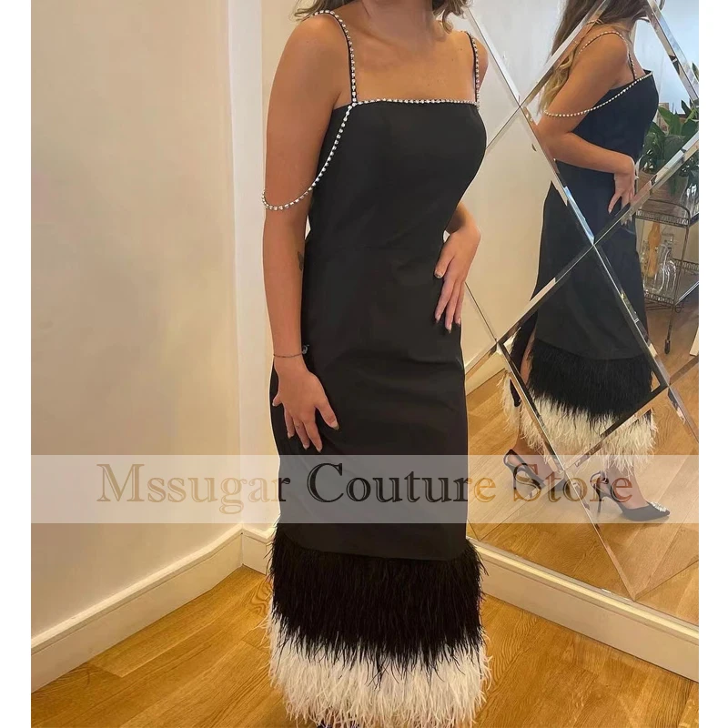 2021 Spaghett Straps Prom Dresses Feathers Beading Evening Party Dress For Women Plus Size Vestido De Fiesta