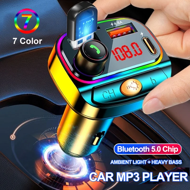 

Type-C PD Dual USB Car Charger Bluetooth5.0 FM Transmitter 7-color Atmosphere Light Mp3 Player Lossless Music Car Kit