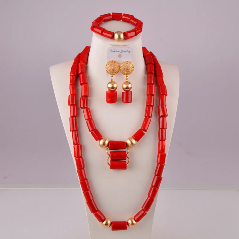 

Fashion African Bead Necklace Set Cylindrical Red Coral Tube Bead Jewelry Nigeria Wedding Jewelry AU-05