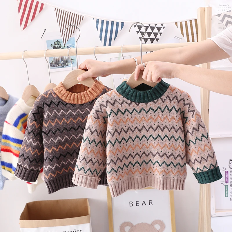 

Children's Knit Sweater Little Kids Velvet Thickened Pullovers Fall Winter New Baby Girls & Boys Knitted Bottoming Sweaters B399