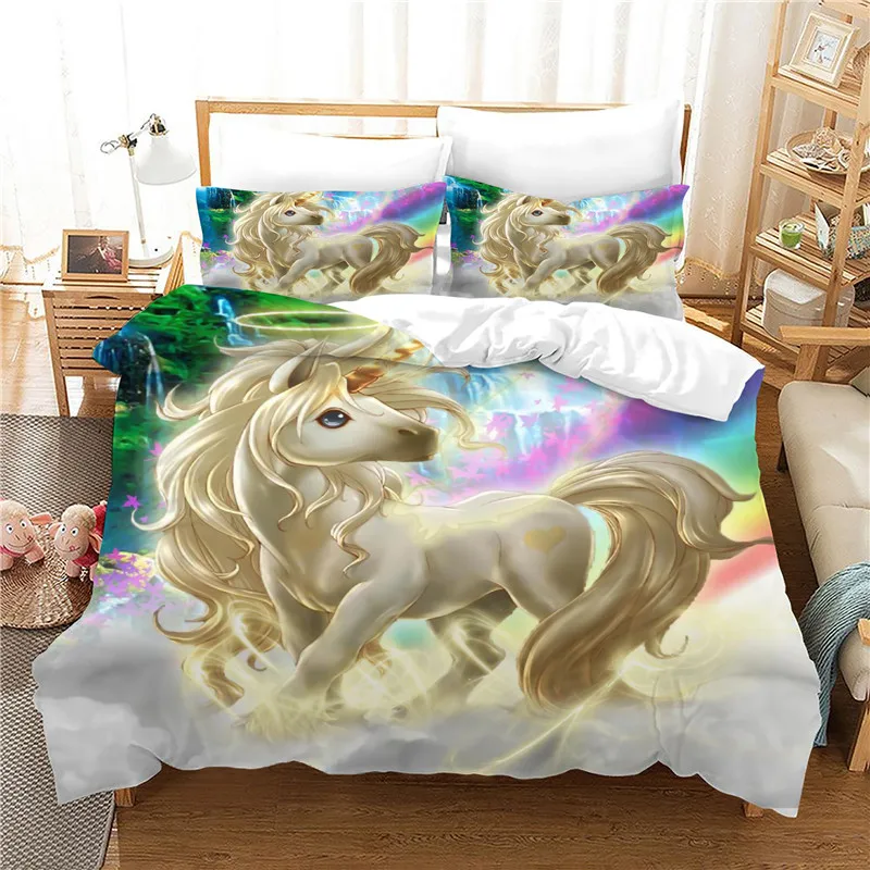 Cartoon unicorn duvet cover set queen size kids bedding set with pillowcase 3D unicorn bed set comforter set bed linen