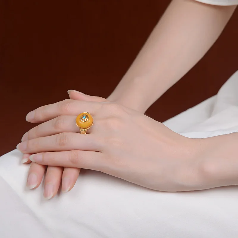 Real S925 sterling silver gold-plated natural beeswax old wax ring retro national tide safe buckle ladies open ring