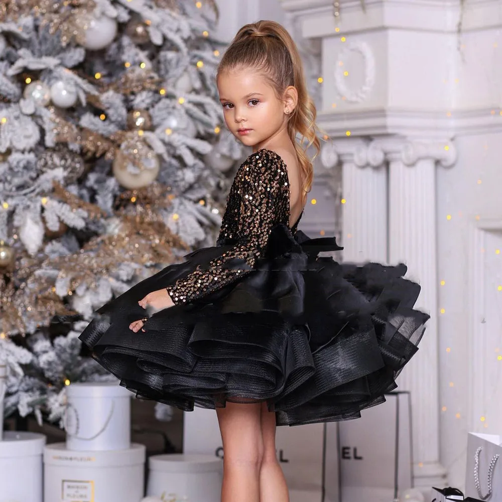 

Gold Sequin Flower Girl Dress Long Sleeves Backless Scoop Neck Ruffles Tiered Girl's Black Party Gown Christmas Pageant Dresses