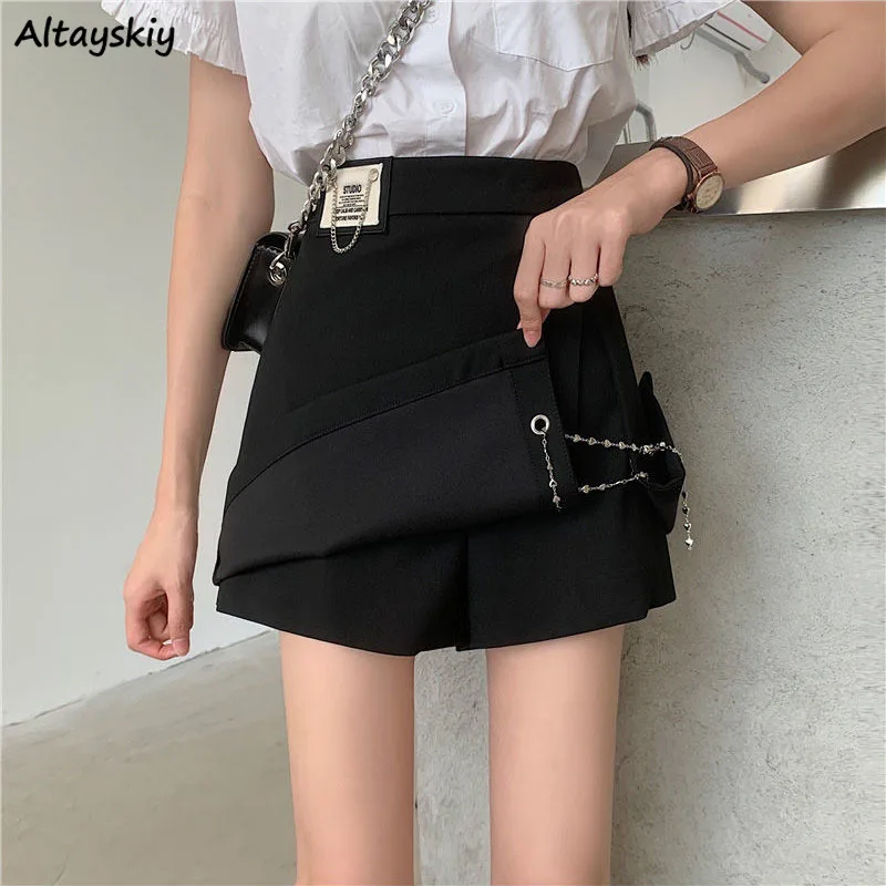 

Women Black Mini Skirts Chain High Street Slim Streetwear Irregular Design Side-split Empire Waist Womens A-line Faldas Hipsters