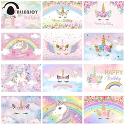 Allenjoy Unicorn Rainbow Backdrop Birthday Banner Baby Shower Party Decor Colourful Sky Flowers Customize Supplies Background