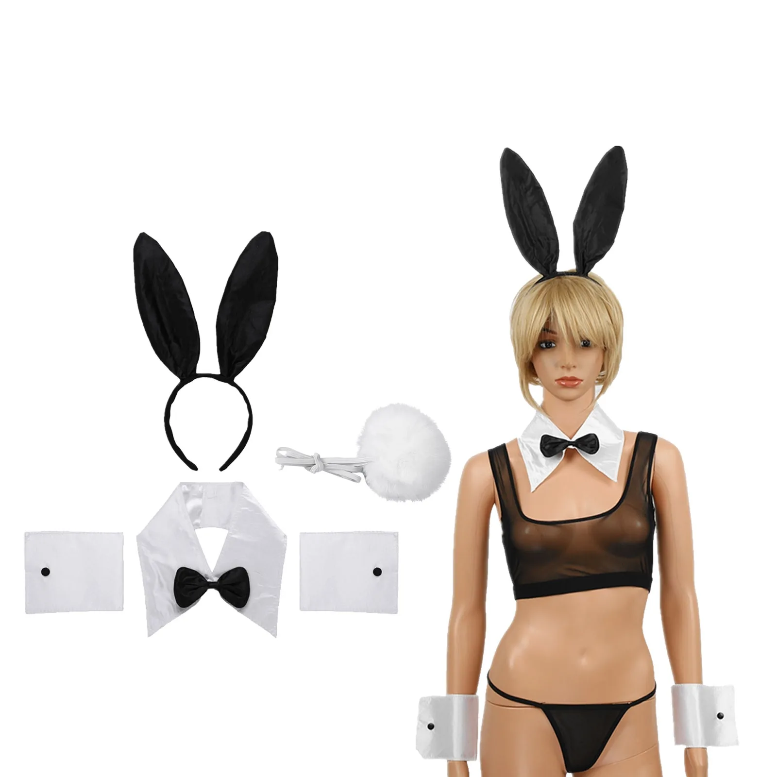 Frauen Bunny Cosplay Kostüm Sexy Bunny Ohren Stirnband Kaninchen Kragen Bogen Krawatten Manschetten Bunny Schwanz Ball Organza Rock Halloween Party