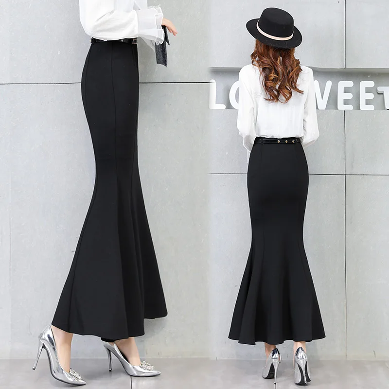 Women\'s Mermaid Style High Waist Long Maxi Skirt with Belt, Plus Size S-3XL, Stretch, Spring and Autumn 2026,Black And Red