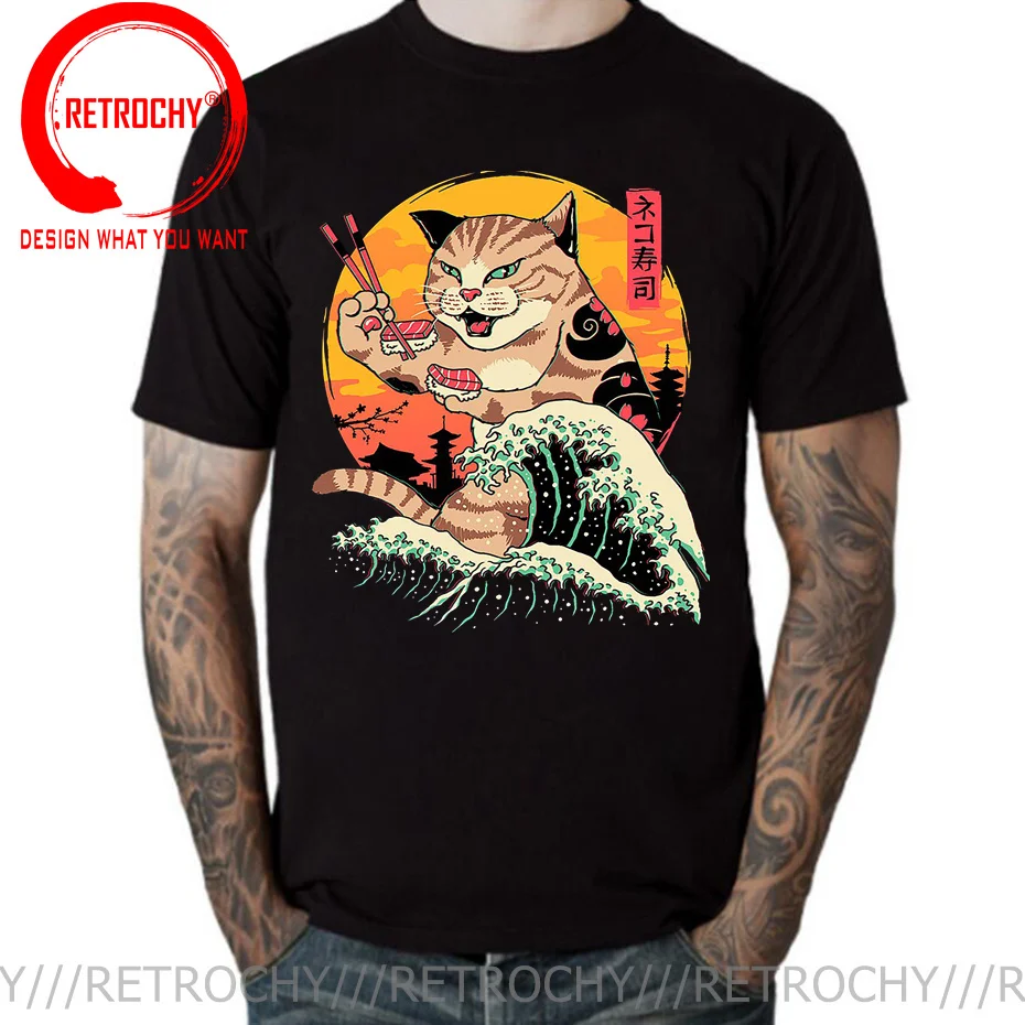 Japanese Cartoon Ninja Cat Knife Print T Shirt men 2022 New Anime Samurai Ukiyoe Cat Cartoon T-Shirt Harajuku Streetwear Tshirt