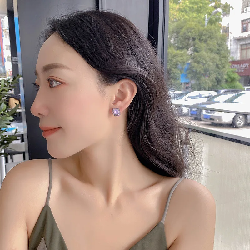 GRACE JUN Purple Rhinestone Clip on Earrings Fashion Jewelry Fake Piercing Korean Style Gold Color No Pierced Earrings Ear Clip