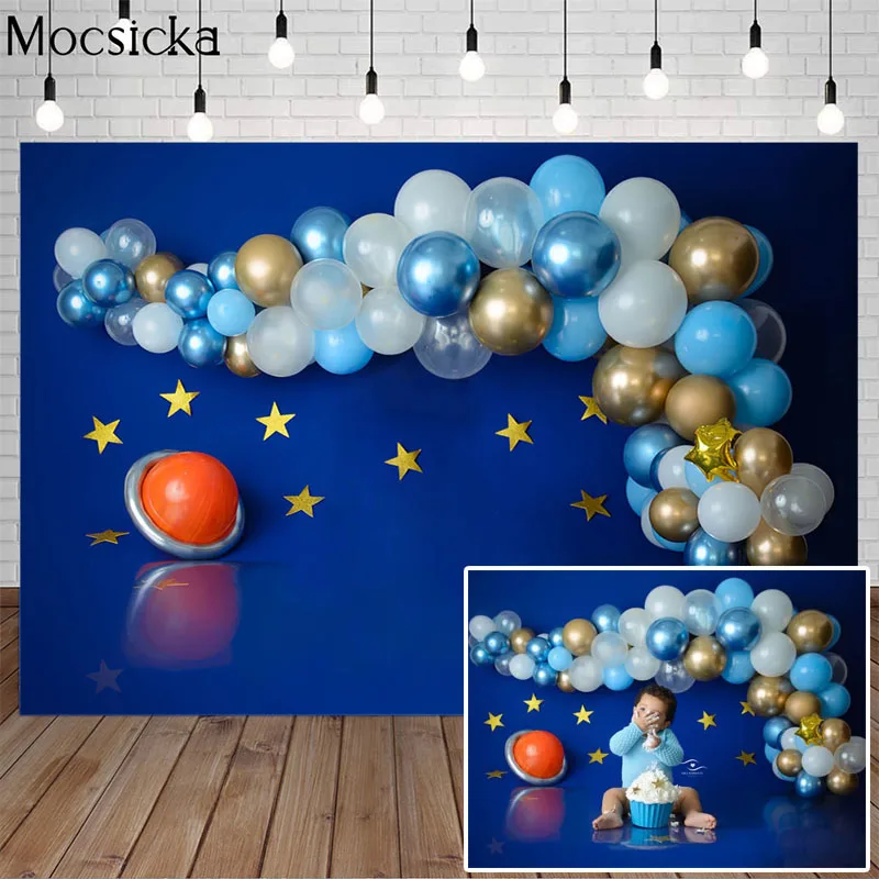 

Birthday Cake Smash Blue Background Photography Prop Balloon Planet Newborn Child Portrait Professional Photography Photo Studio