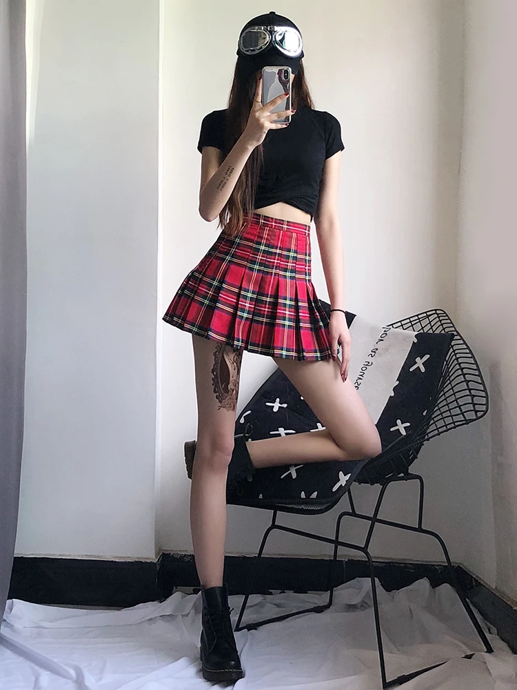 Vintage Red Plaid Pleated Skirt Women Y2k Mini High Waist Kawaii Skirt Female 2021 New Summer College Style Tennis Short Skirts