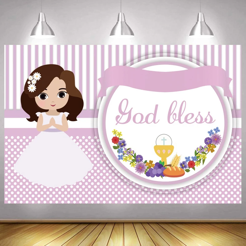 

My First Communion Backdrop Newborn God Bless Striped Happy Birthday Party Baby SHower Photography Background Banner