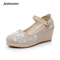 Décolleté con zeppa a molla ricamate floreali da donna scarpe da donna in tela etnica Mary Jane espadrillas Vintage con punta tonda per donna