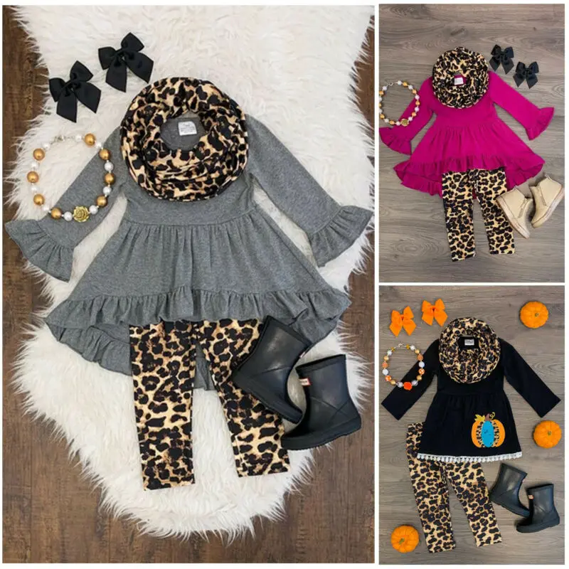 Kids Baby Girls Outfit T-shirt+ Leopard Print Pants+Headwear Set Toddler Petal Sleeve Loose Tops Clothes Set