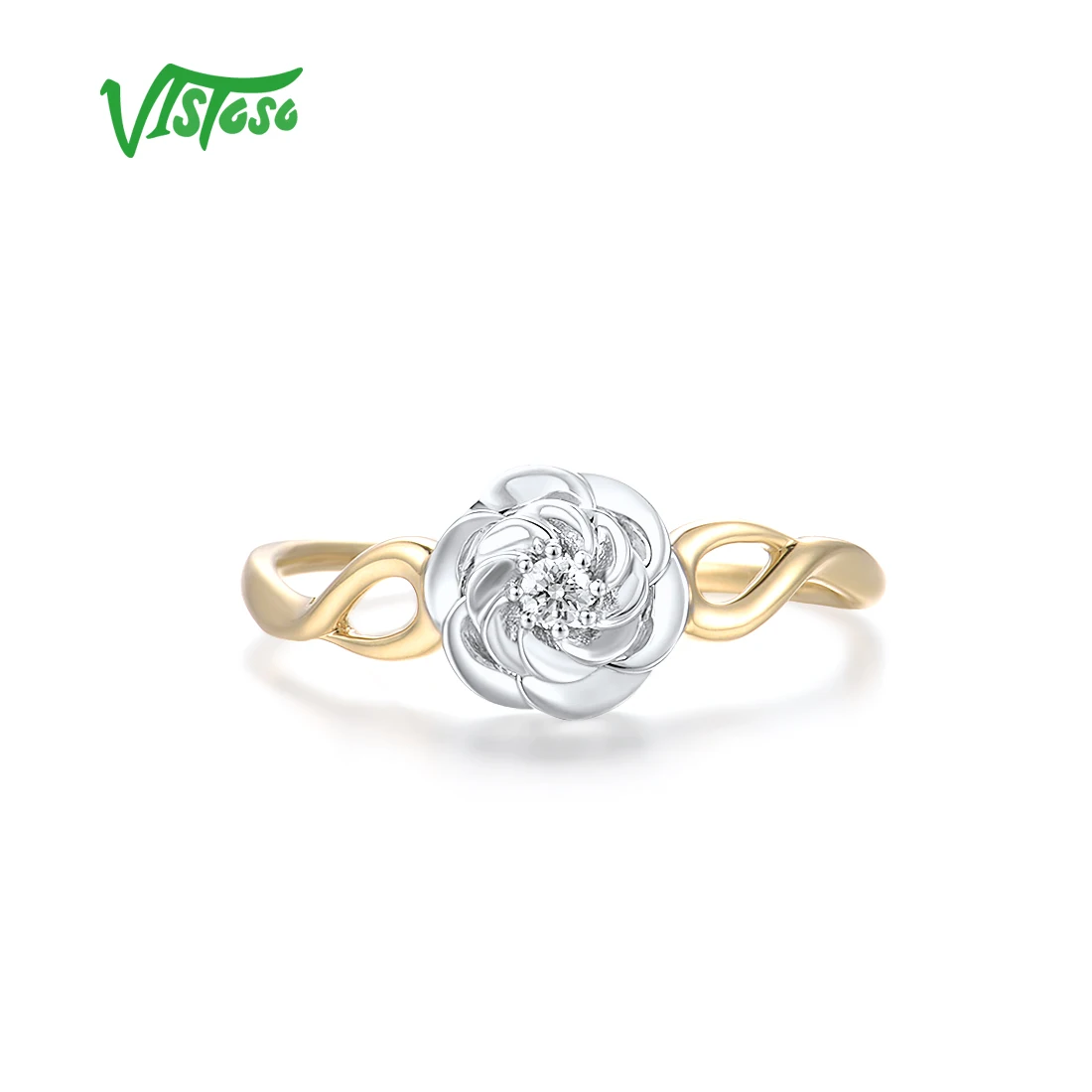 VISTOSO Authentic 14K 585 Two-Tone Gold Ring For Women Classic Sparkling Diamond Flower Rings Engagement Wedding Fine Jewelry