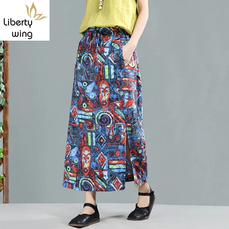 Folk Cotton And Linen Womens Graffiti Printed New Brand Elasitc Wasist Side Split Straight Female Vintage Skirts