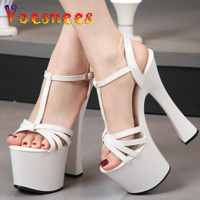 18CM Super High Heels Chunky Heel Summer New Buckle Strap Platform Sexy Party Women Shoes Nightclub Stripper Walk Show Sandals