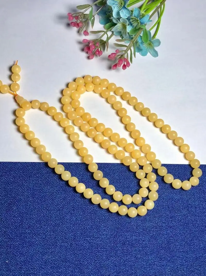 

8mm Valuable Mala Bead Bangle Yellow Tridacninae Giant Clam Energy Rosary Bracelet Hanging 108 Beads