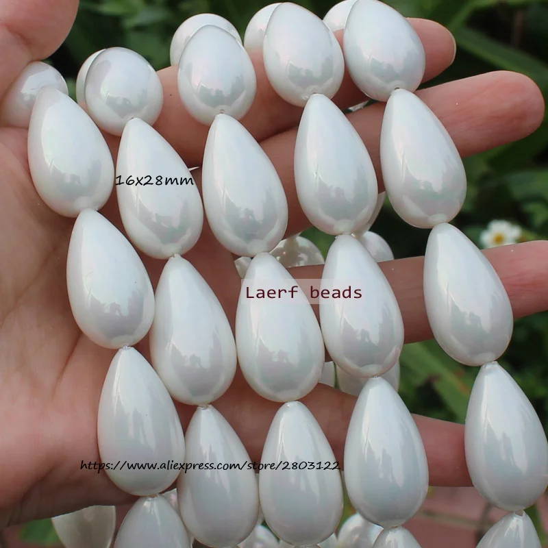 Manik-manik Longgar Bentuk Oval Tetesan Air Mutiara Kerang Putih, untuk Pembuatan Perhiasan DIY! Kalung, Gelang