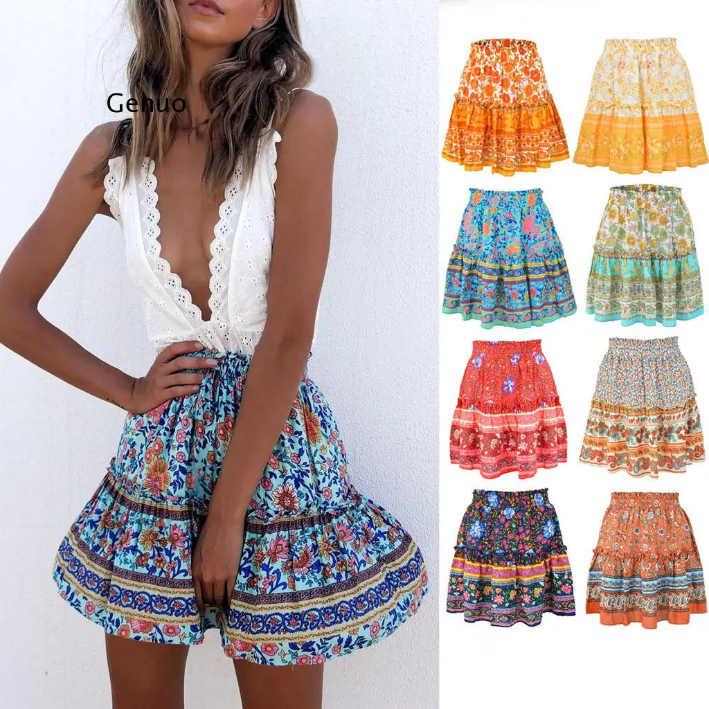 New Skirts Womens Summer Casual Vintage High Waist Floral Print Beach Ruffled Short Skirt