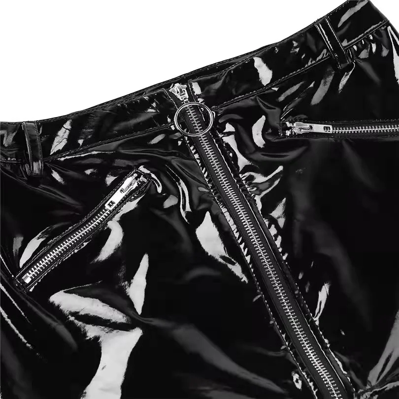 Frauen Sexy Wetlook Leder Mantel Kleid Weibliche Erotische Porno Öffnen Gabelung Tasche Hüfte Rock Glänzende Gestaltung Latex Taille Mini Rock