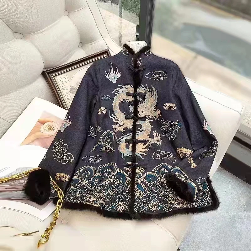 Chinese Style Cotton Jacket Women\'s Short Wool Embroidery Spliced Mink Fur Stand Collar Single-Breasted Lady Jacket M-3XL