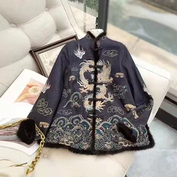 Chinese Style Cotton Jacket Women's Short Wool Embroidery Spliced Mink Fur Stand Collar Single-Breasted Lady Jacket M-3XL