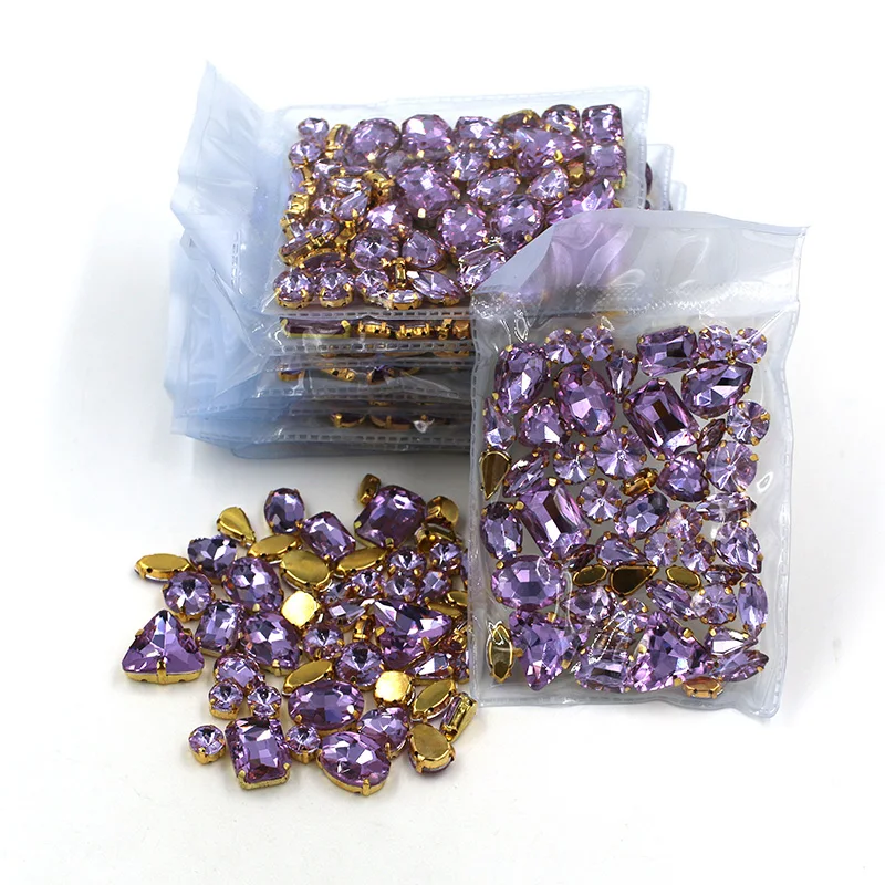 Wholesale 5 bags mixed shape sew on glass Crystal purple gold base  rhinestones diy dress/Clothing accessories