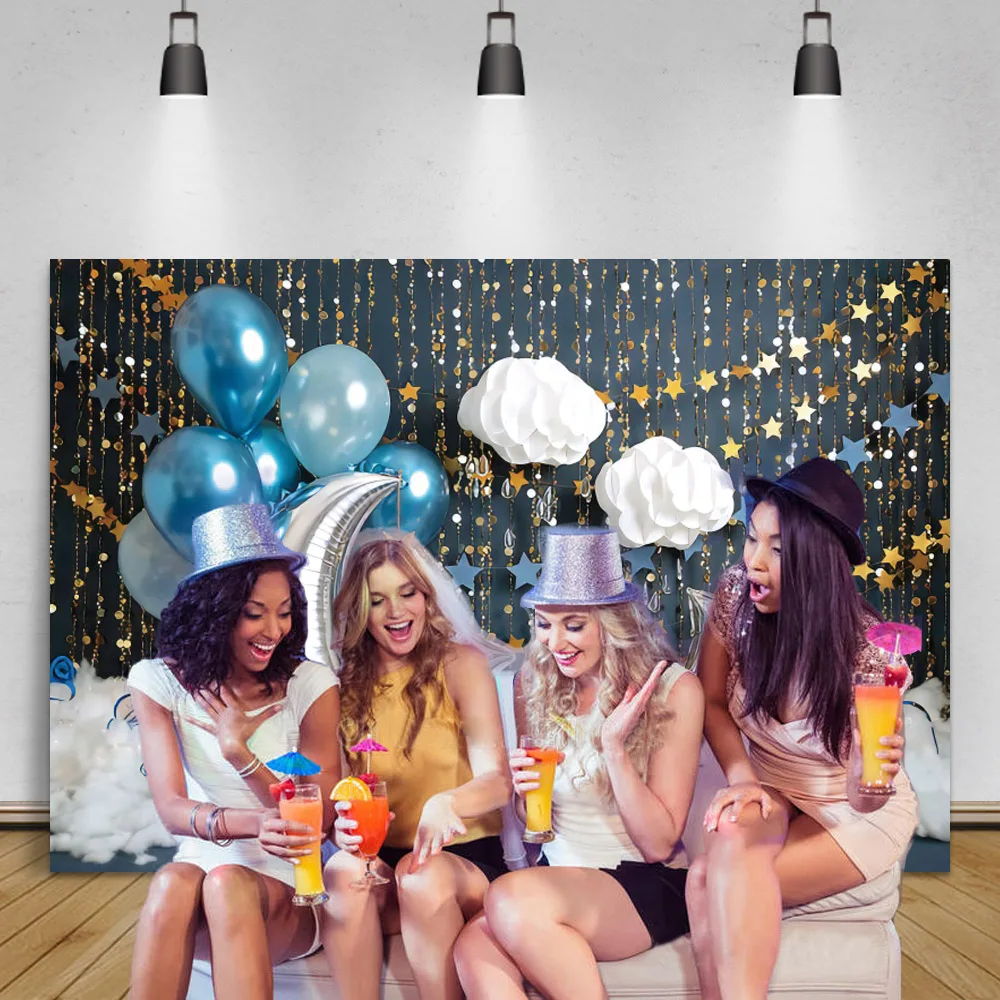 

Laeacco Birthday Photography Backdrop Balloons Cloud Moon Photocall Golden Star Baby Portrait Background For Photo Studio