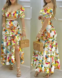 Commuting Style 2023 Fashion Holiday Floral Print O Neck Crop Top Shirr Slit High Waist Women Maxi Skirt Casual Sexy Sets