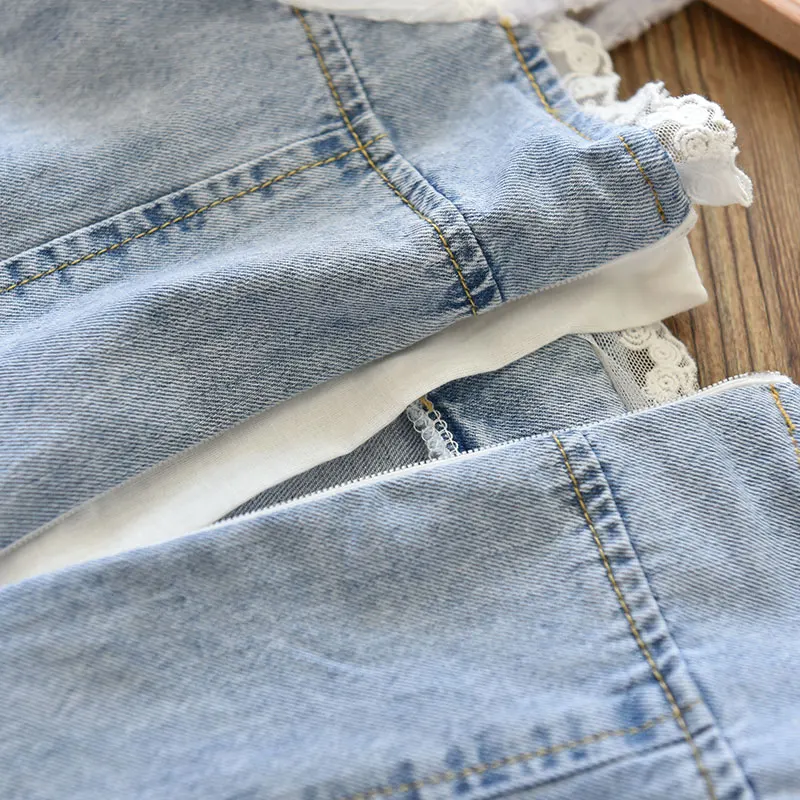 2022 Summer Girls Temperament Dress New Pearl Seersucker Sleeves Stitching Soft Denim A-Line Dresses Children\'S Fashion Clothing