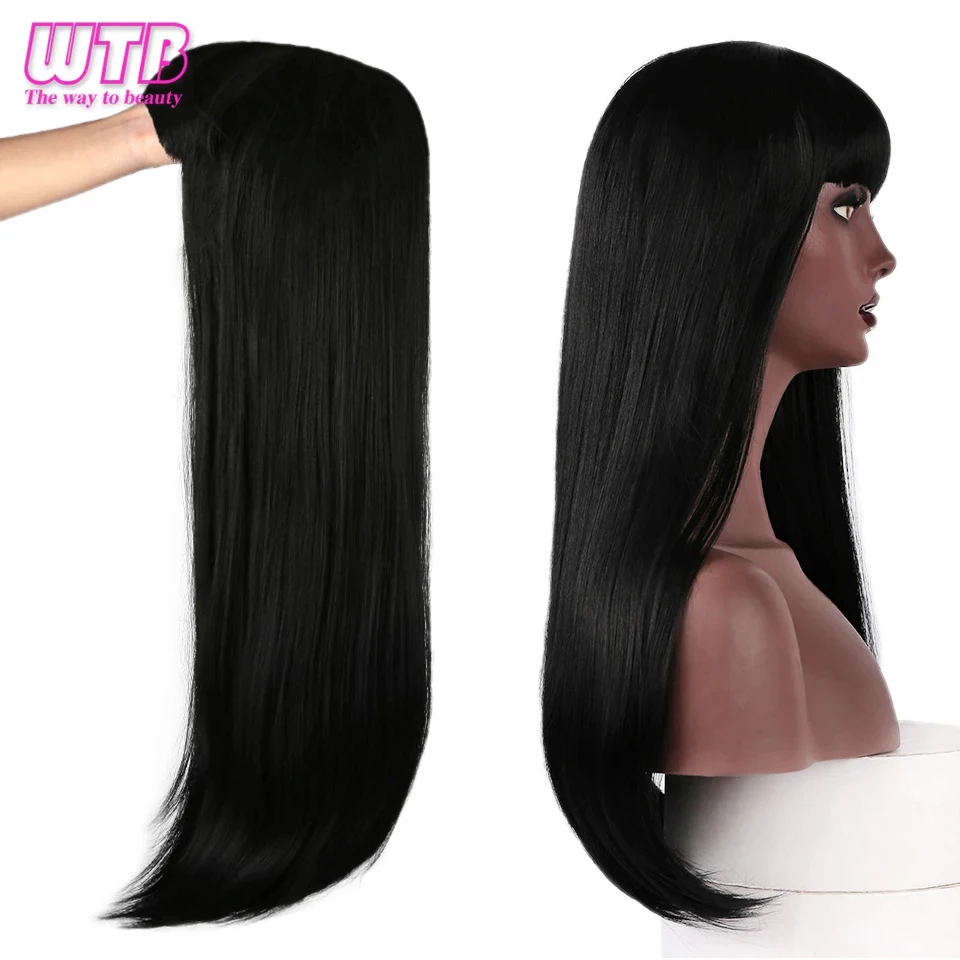 Long Straight Synthetic Tangerine Color Wig with Bangs for Women Nature Black Wigs Cosplay Female Daily Use Hair Wigs