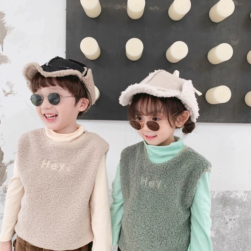 Boys Girls Vest Autumn Winter Kids Velvet O-Neck Sleeveless Letter Pattern Vest Baby Lamb Hair Vest Girls Waistcoat