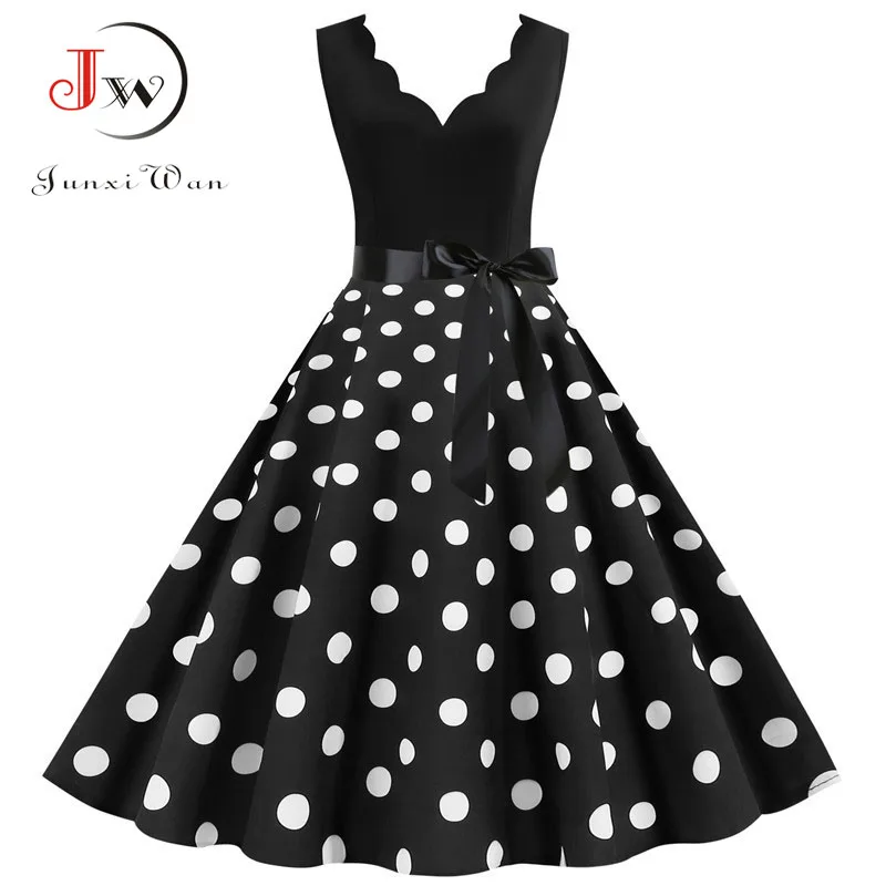 Polka Dot Print Women Summer Dress Black Patchwork Sleeveless V neck Elegant Vintage Party Casual Midi Dress