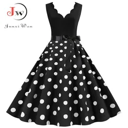 Polka Dot Print Vintage Women Summer Dress Black Patchwork Sleeveless V neck Elegant Party Dresses Casual Robe Midi