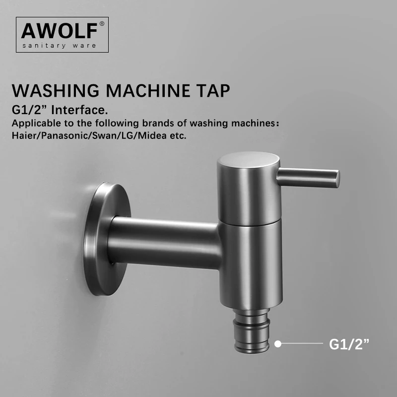 Dark Grey Solid Brass Washing Machine Tap 1/2 Wall Mounted Mop Pool Tap Bibcocks Garden  Faucet Round Design AF6148