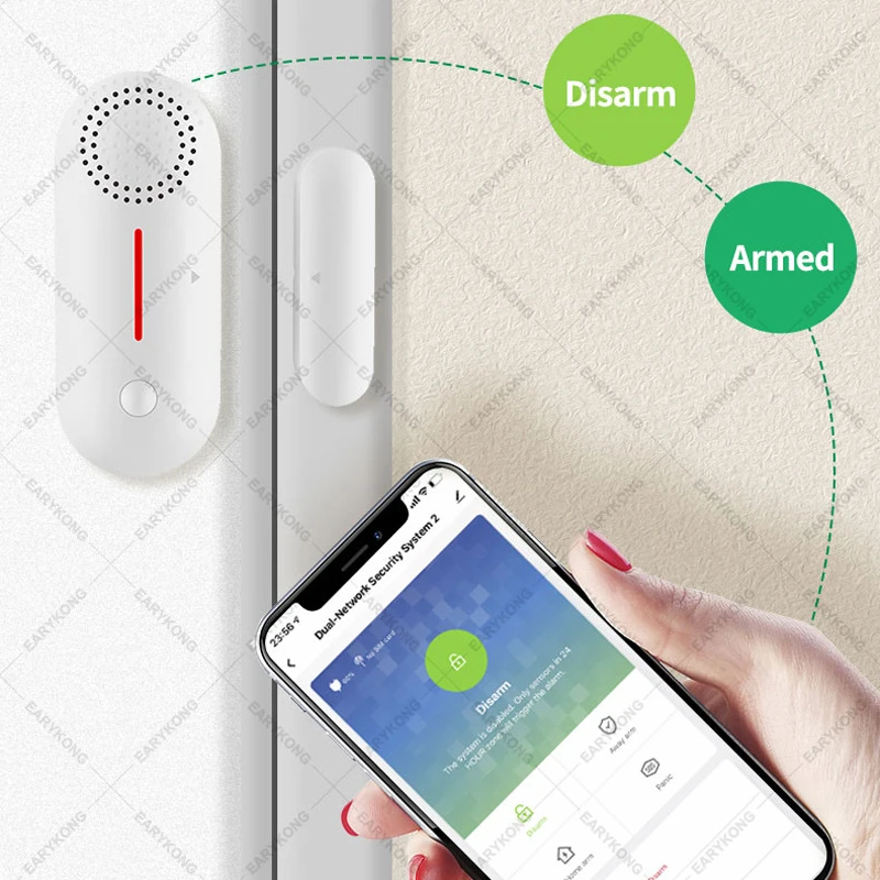 Sensore per porte e finestre WiFi Allarme di sicurezza WiFi Rilevatori di porte aperte e chiuse Suono 0-100dB APP Controllo remoto Braccio di