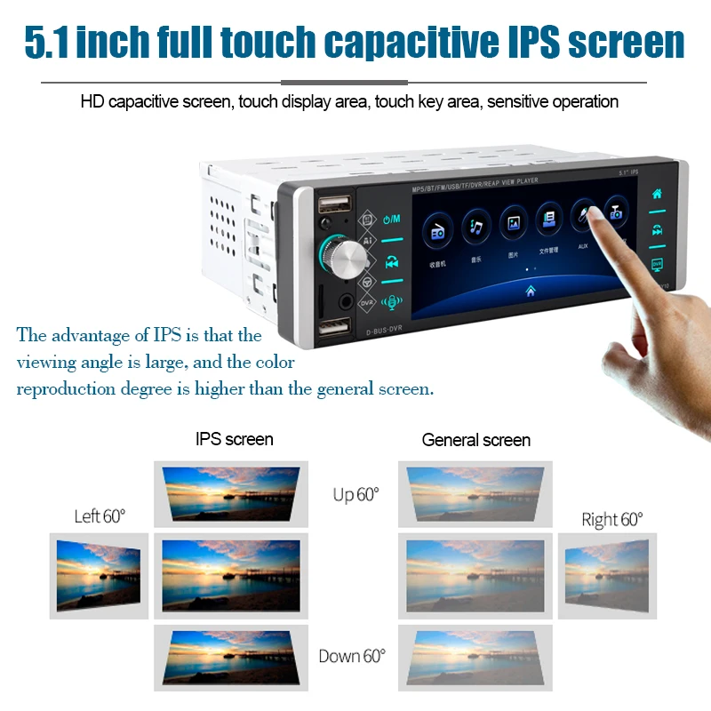 PolarLander  Mirrorlink AM Touch ​Screen 5.1 Inches Car Multimedia Player 1 Din MP5 4-USB Bluetooth MP4 FM Carplay/Android Auto