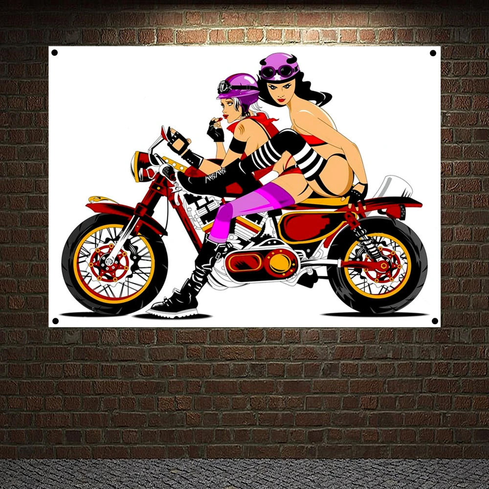 Cartoons Nice Girls Motorcycle on White Background Banner Wall Art Racer Biker Moto Lady Nude Art Posters Painting Wall Decor