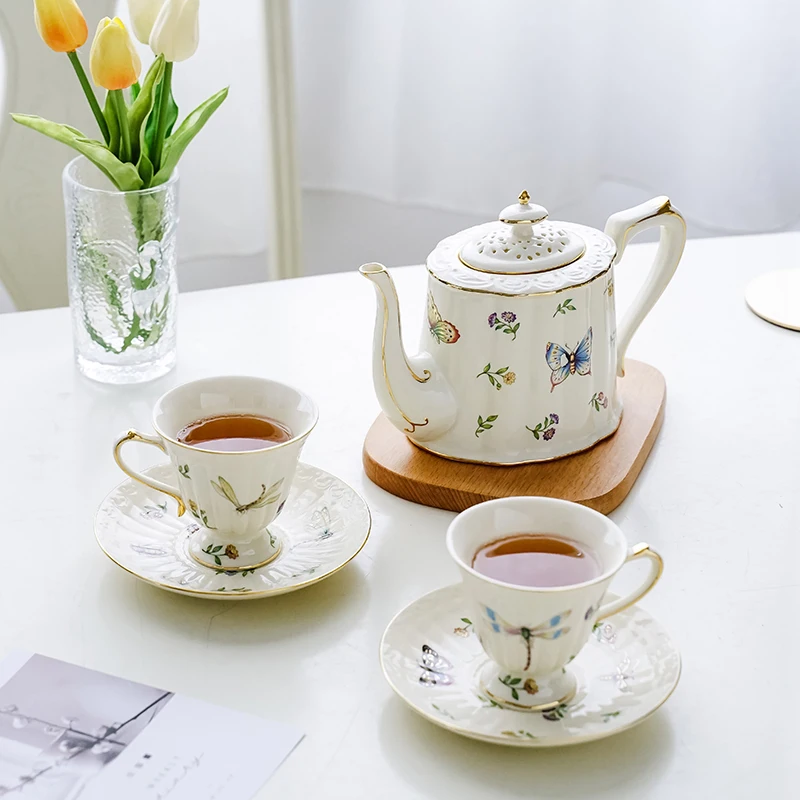 Vintage Gilt Garden Butterfly Coffee Cup and Saucer, Ceramic Teapot, Luxury European Tea Cup Set, 250ml