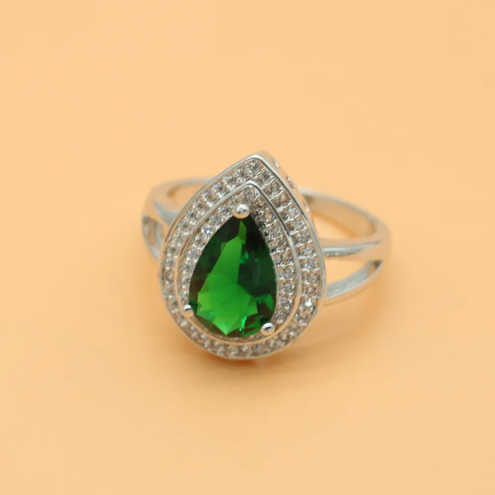 Xutaayi  Classic Women Engagement Party Jewelry High Quality Big Tear Drop Green Crystal Rings With Zirconia Stones R_1324