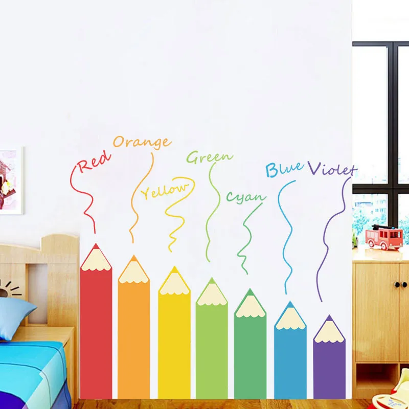 1 PC Cartoon Colorful Pencil Wall Stickers For Kindergarten Tutorial Class Wall Self-adhesive Painting Wallpaper Stickers Funny