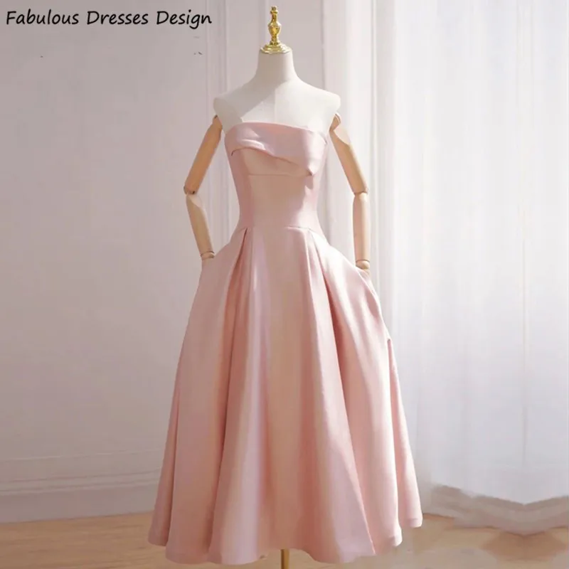 

Pink A-line Tea Length Bridesmaid Dresses Sexy Strapless Boat Neck Backless Pockets Bridal Party Dress For Women Prom Gown